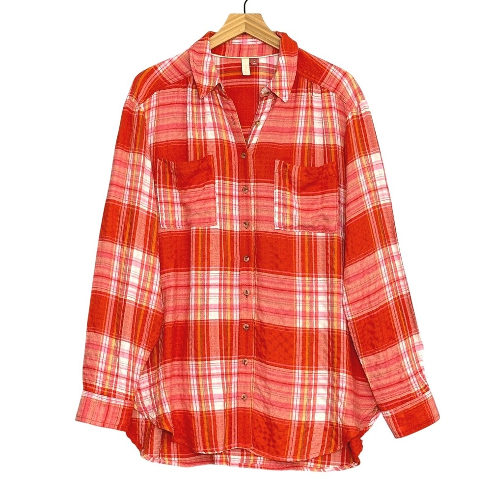 Pilcro Anthropologie Womens Top M Hadley Relaxed Plaid Red Orange Rustic Boho